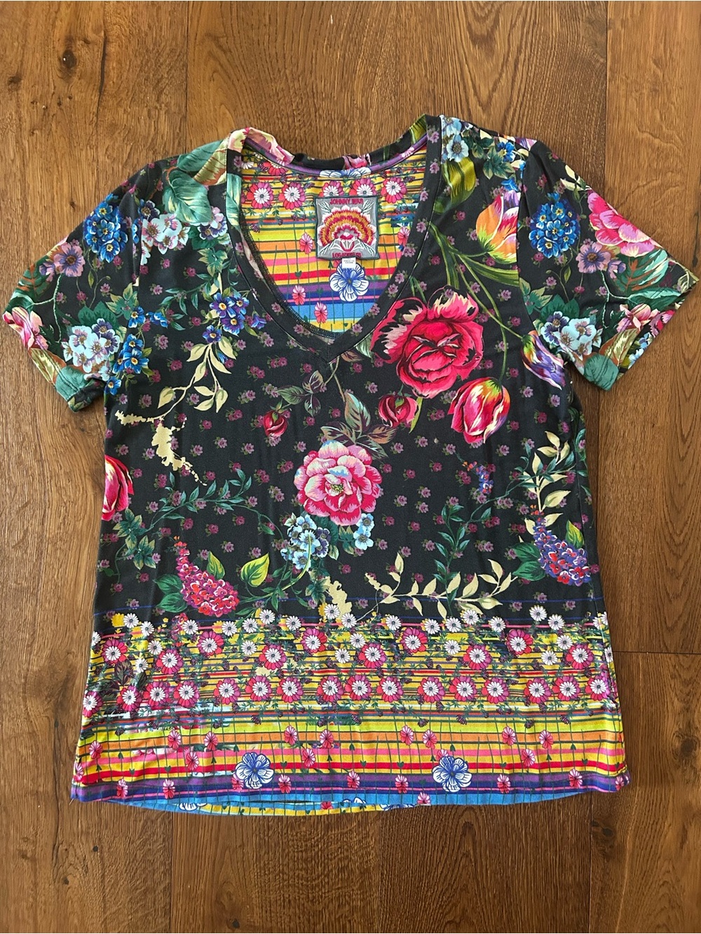 Johnny Was Floral V-Neck Women's Top in Black with Multicolor Print